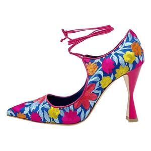 Manolo Blahnik‎ Cotis Floral Embroidered Pumps 39.5 Blue Pink Heels